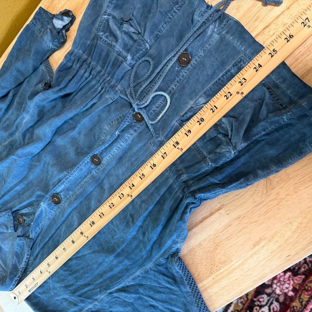 XCVI Lightweight Button Up Jacket Size S Pockets 3/4 Sleeve Blue Cinch Waist